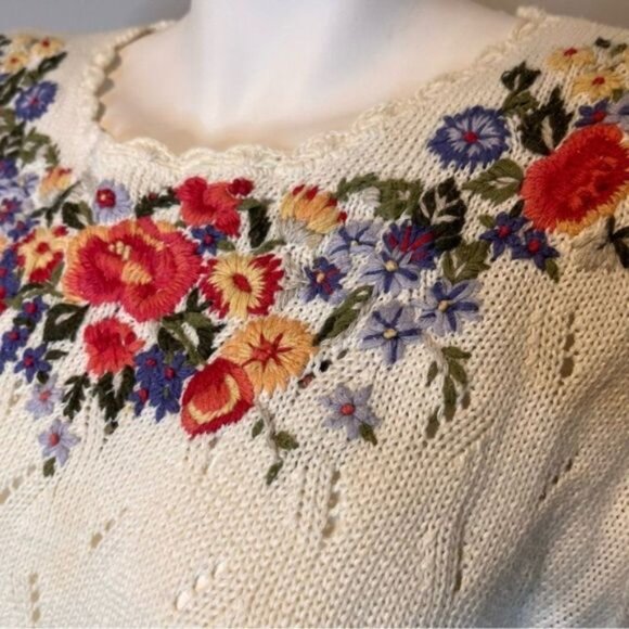 Vintage Short Sleeve Lightweight Hand Embroidered Open Knitted Sweater Size L - Picture 5 of 10